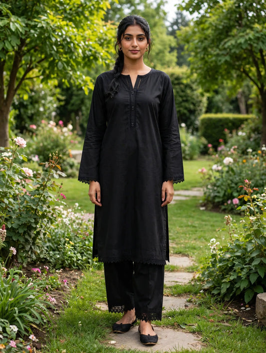 Solid pure lawn shalwar kameez trouser 2pc blk