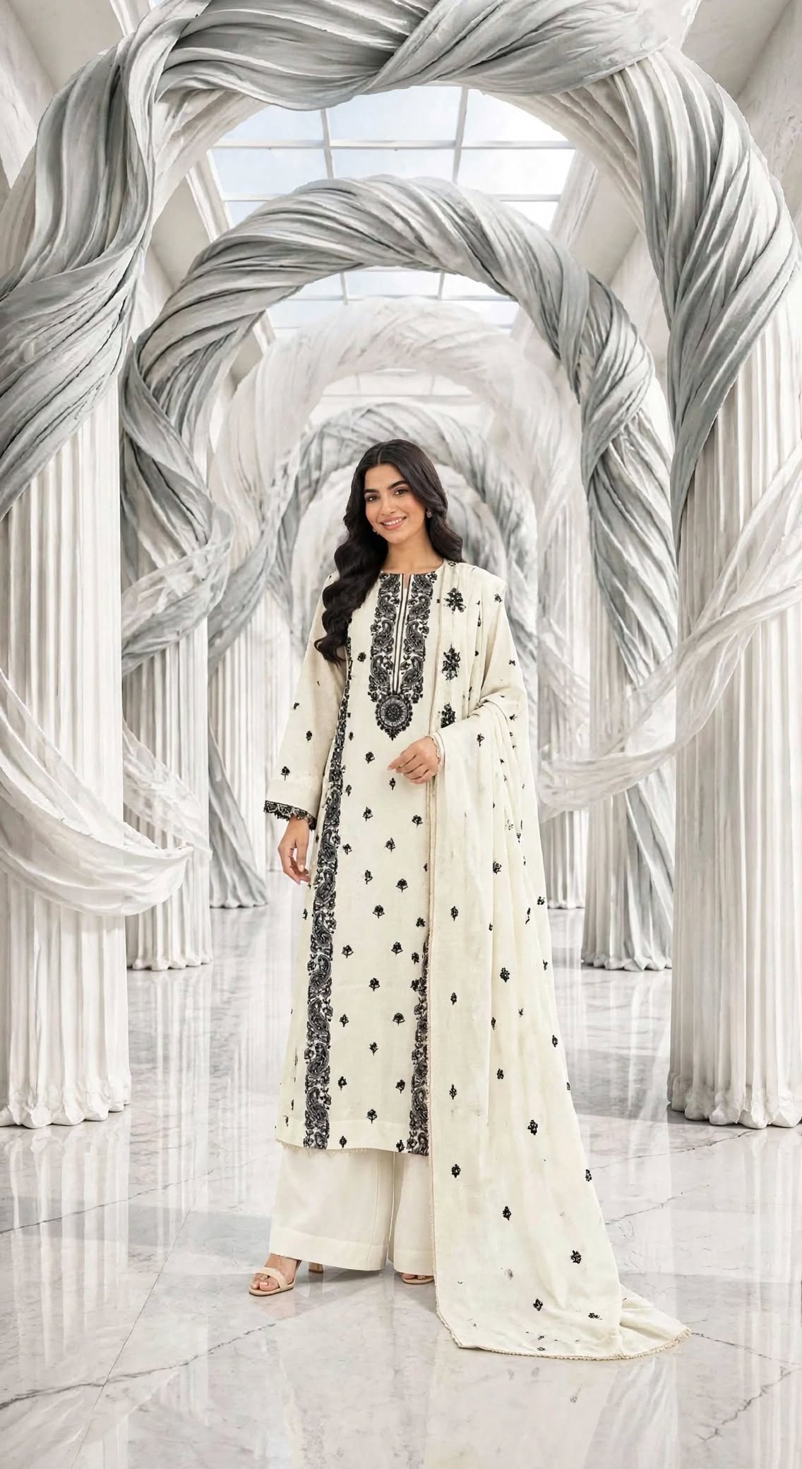 Karandi khaddar embroidered stiched long shirt trouser 3pc blk