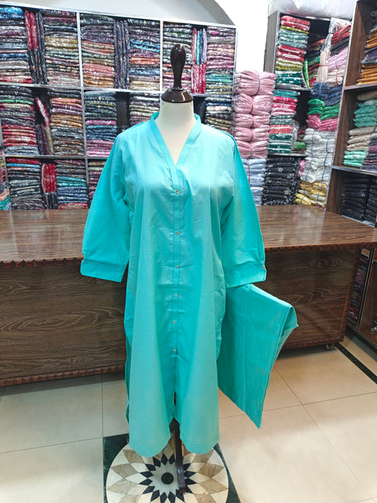 Solid pure lawn long stiched shirt trouser 2 pc iceblu