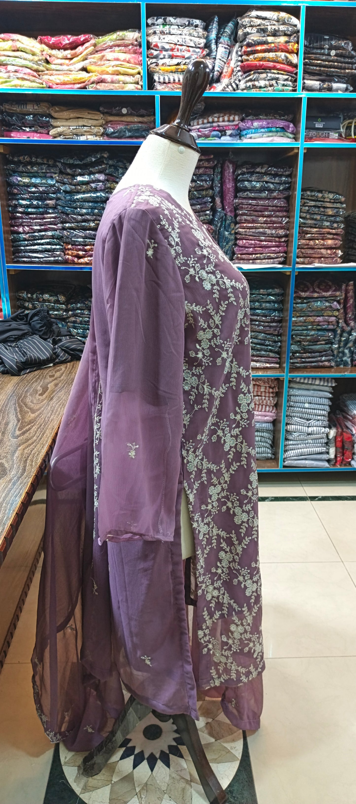 Chiffon embroidered stiched 3 pc long shirt trouser
