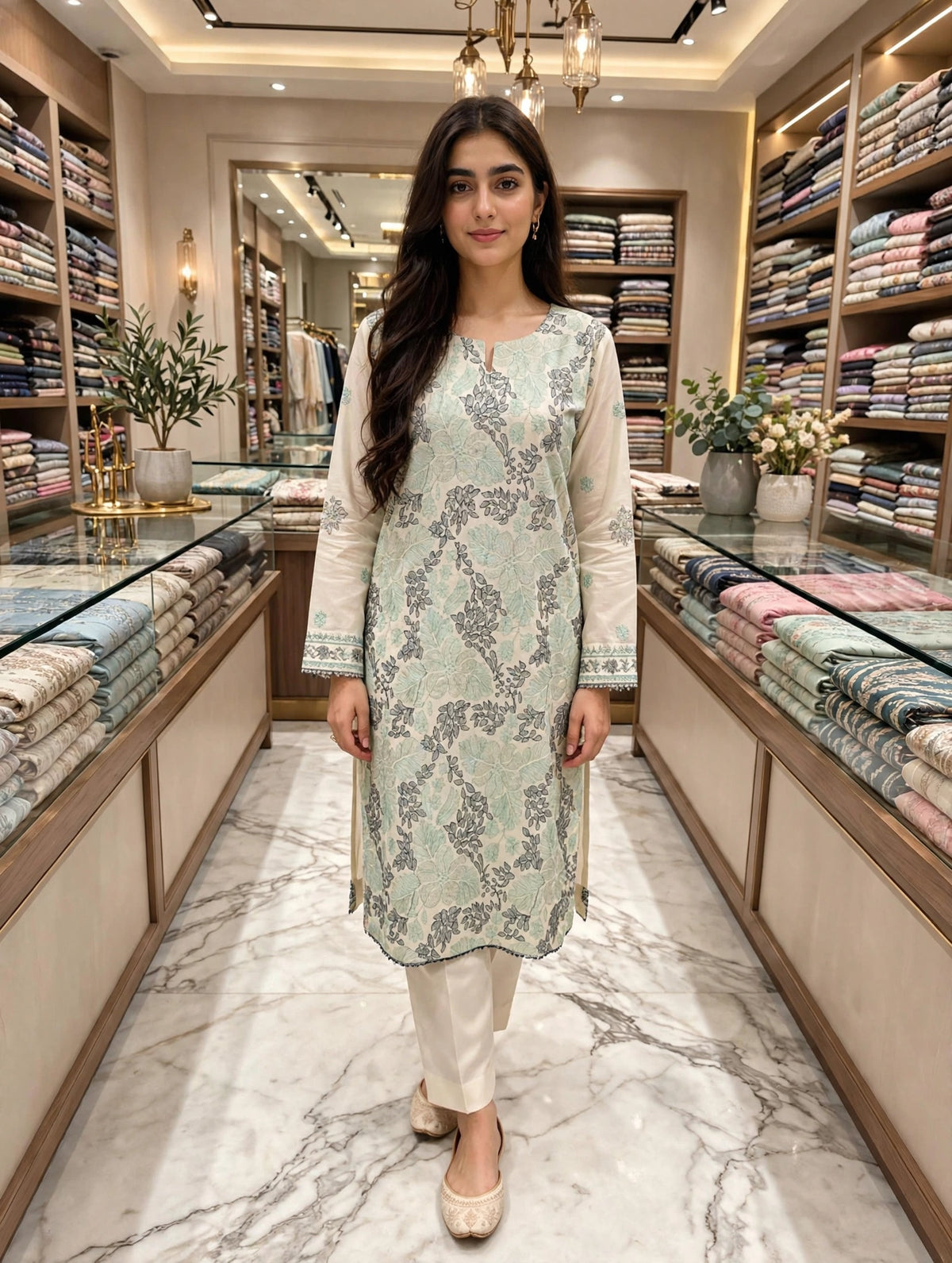Breeze embroidered lawn stiched long shirt trouser 2pc crmbre