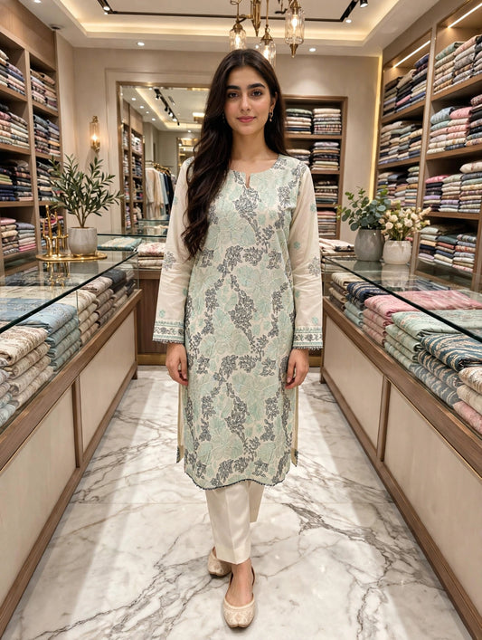 Breeze embroidered lawn stiched long shirt trouser 2pc crmbre