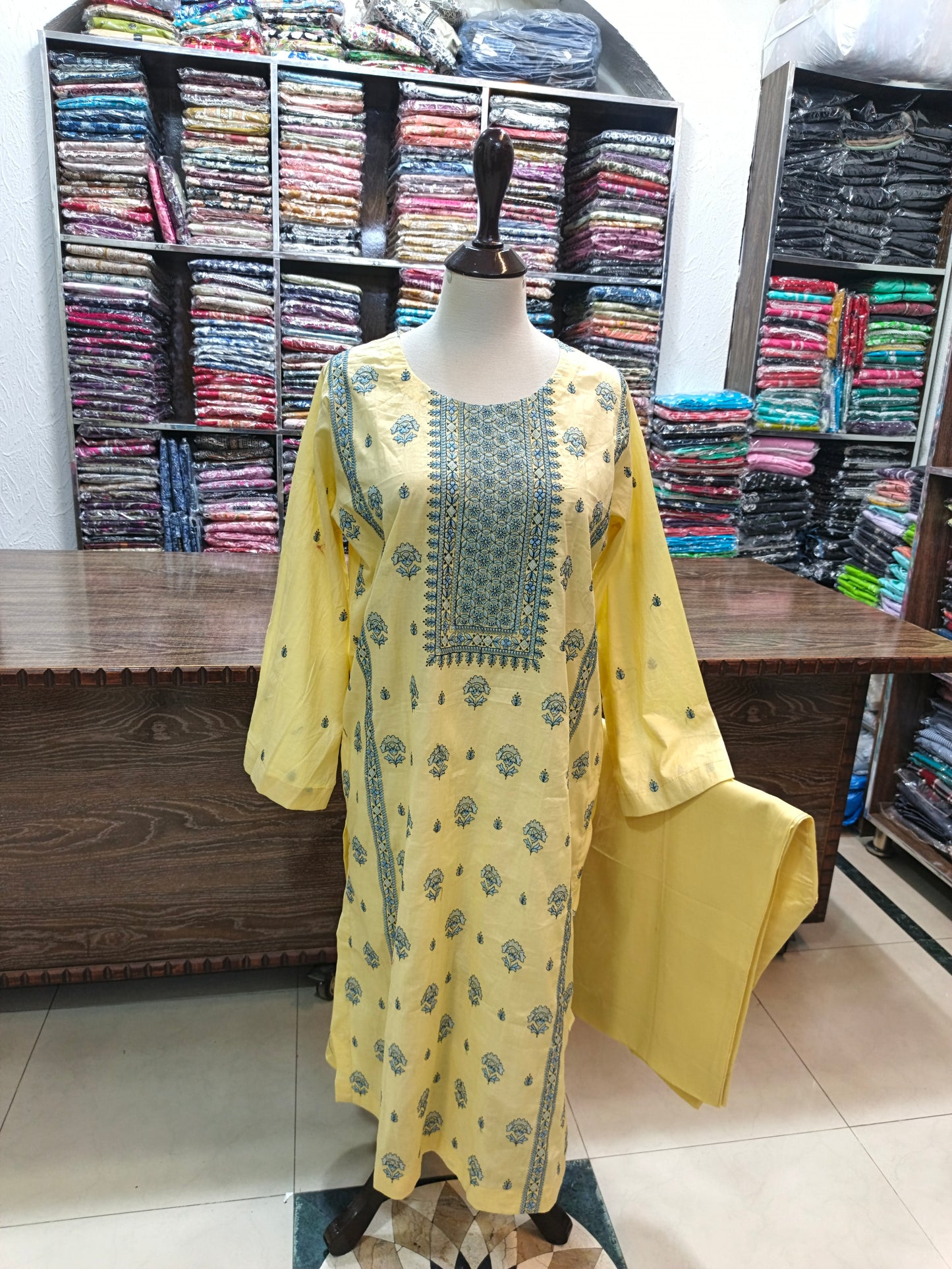 Breeze embroidered lawn stiched long shirt trouser 2pc yelG