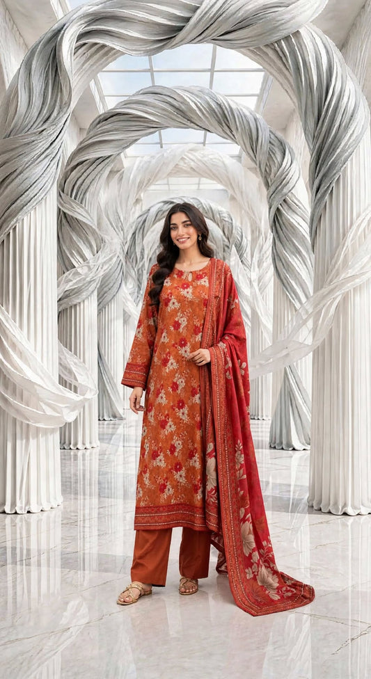 Binsaeed zari khaddar stiched shalwar kameez 3pc orred