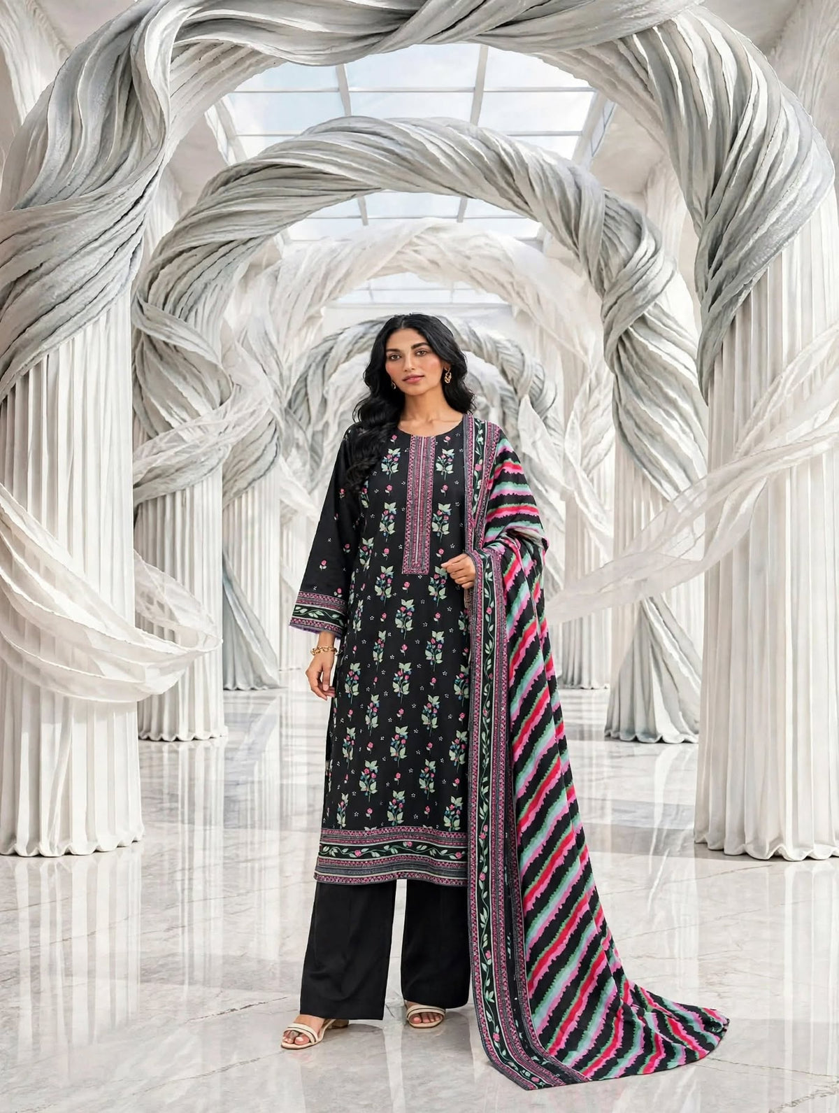 Binsaeed khaddar stiched shalwar kameez 3pc blk