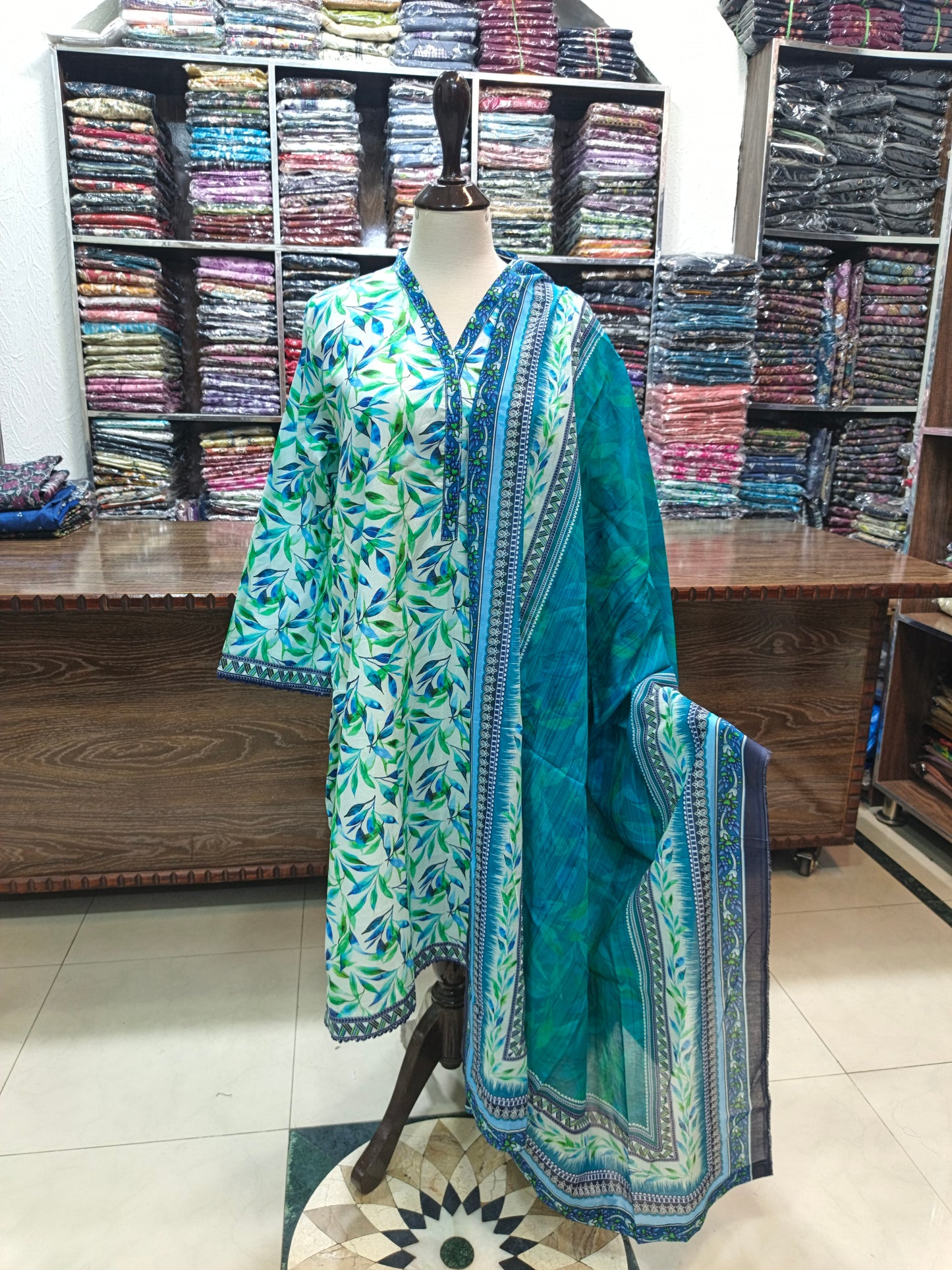 Binsaeed premium lawn stiched shirt trouser stiched 3pc skygrn