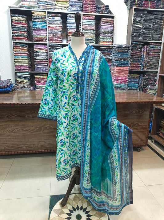 Binsaeed premium lawn stiched shirt trouser stiched 3pc skygrn