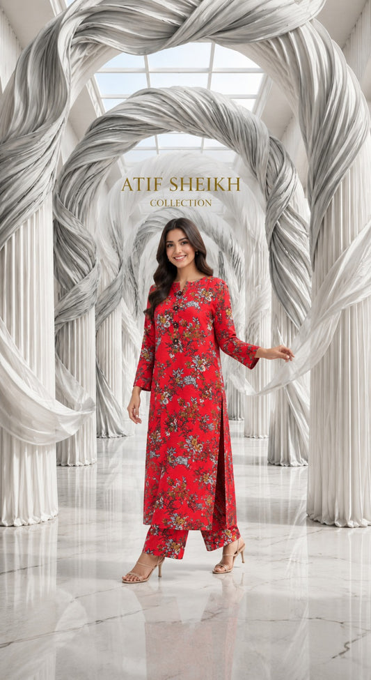 Linen stiched shalwar kameez 2 pc red
