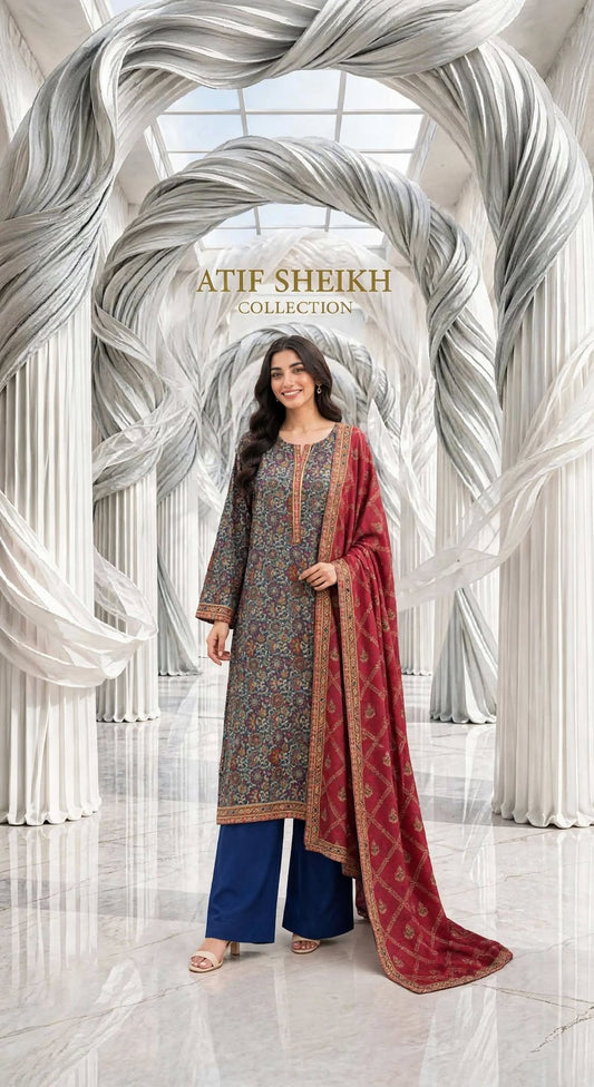 Binsaeed zari khaddar stiched shirt trouser 3pc redblu
