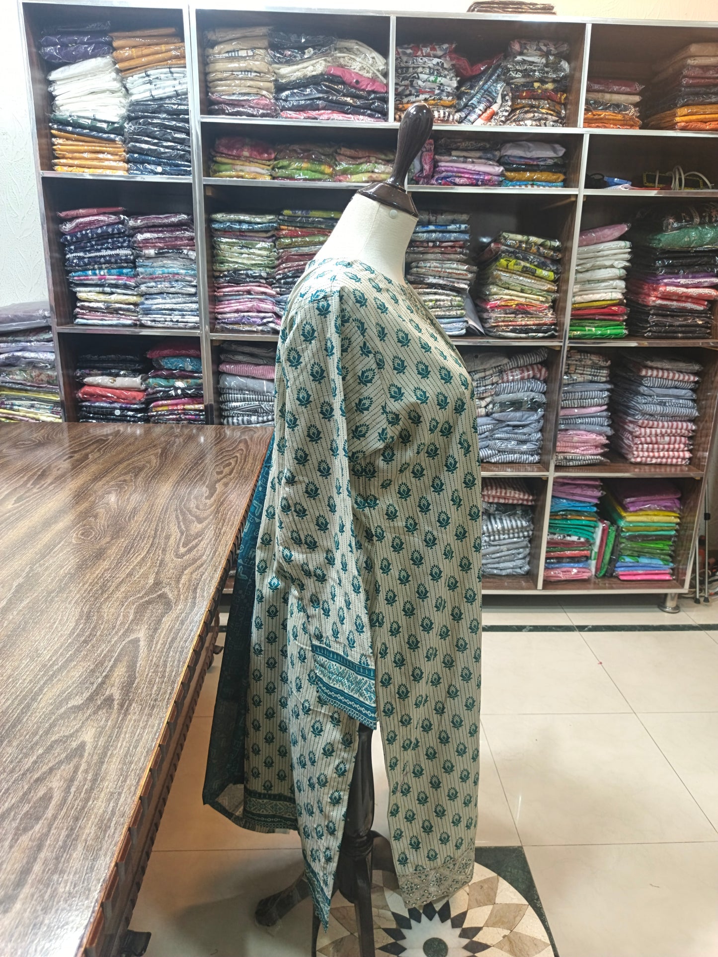 Binsaeed embroidered stiched shirt trouser 3pc cgrn