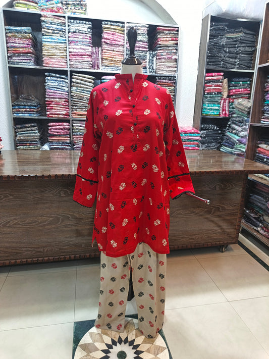 Breeze embroidered stiched lawn short shirt trouser 2 pc red