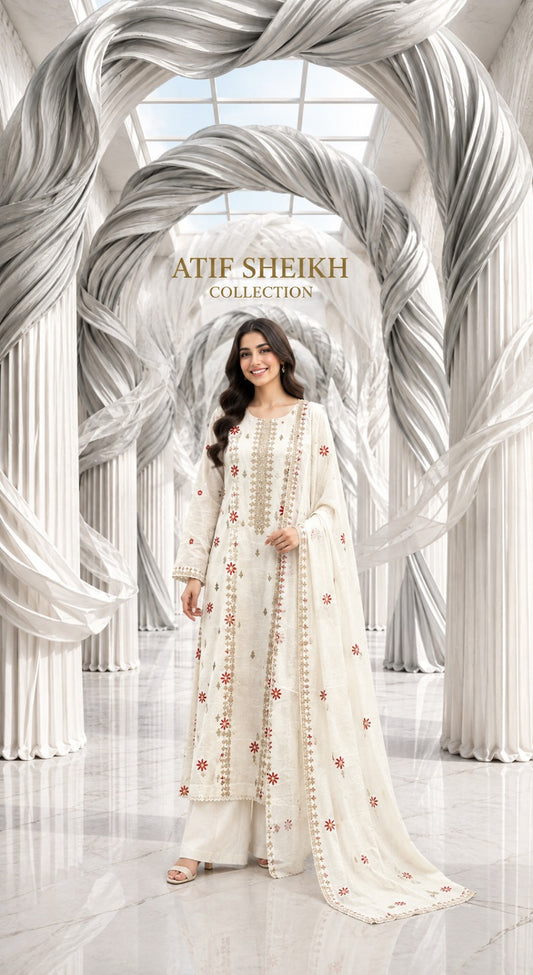 Karandi khaddar embroidered stiched long shirt trouser 3pc mrnskin