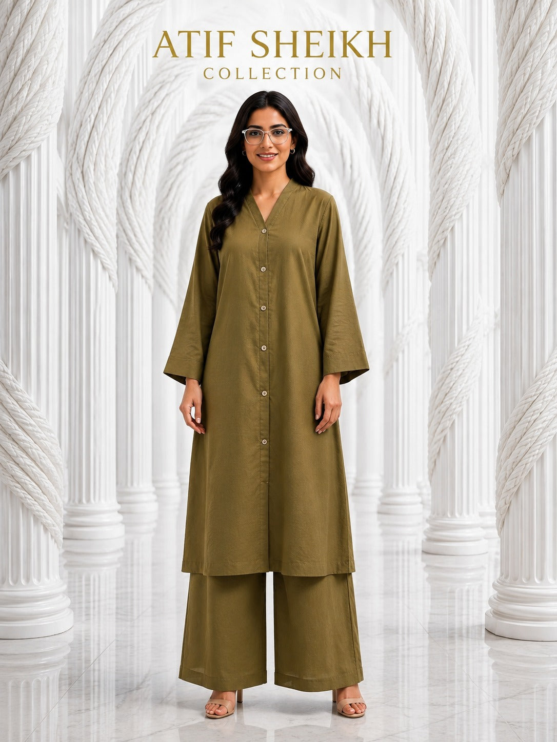 Binsaeed solid khaddar stiched khaddar shirt trouser  2 pc olive