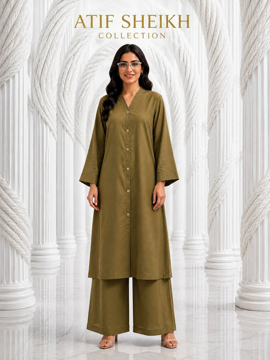 Binsaeed solid khaddar stiched khaddar shirt trouser  2 pc olive