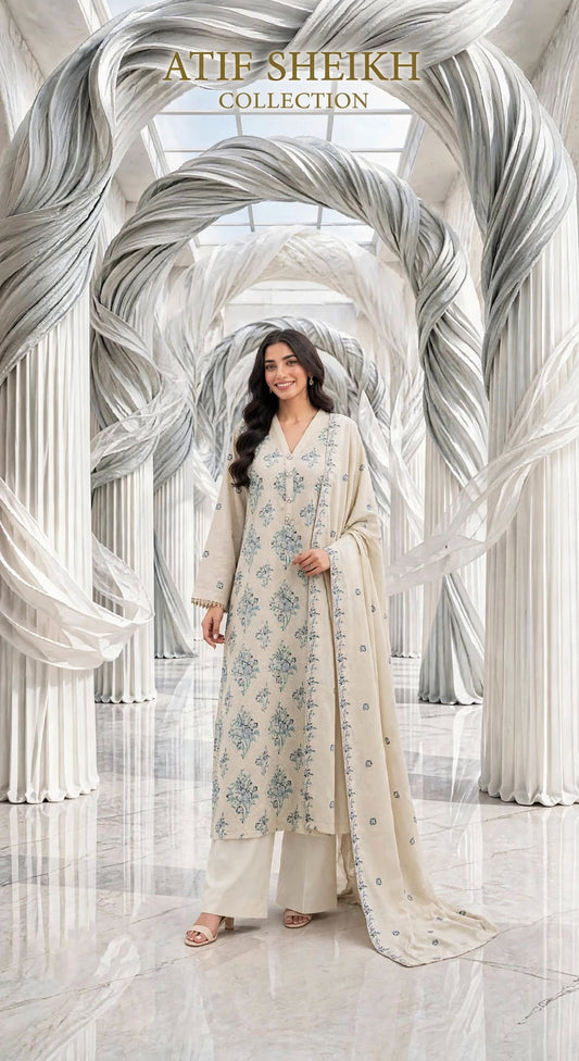 Khaddar embroidered stiched long shirt trouser 3 pc bluB