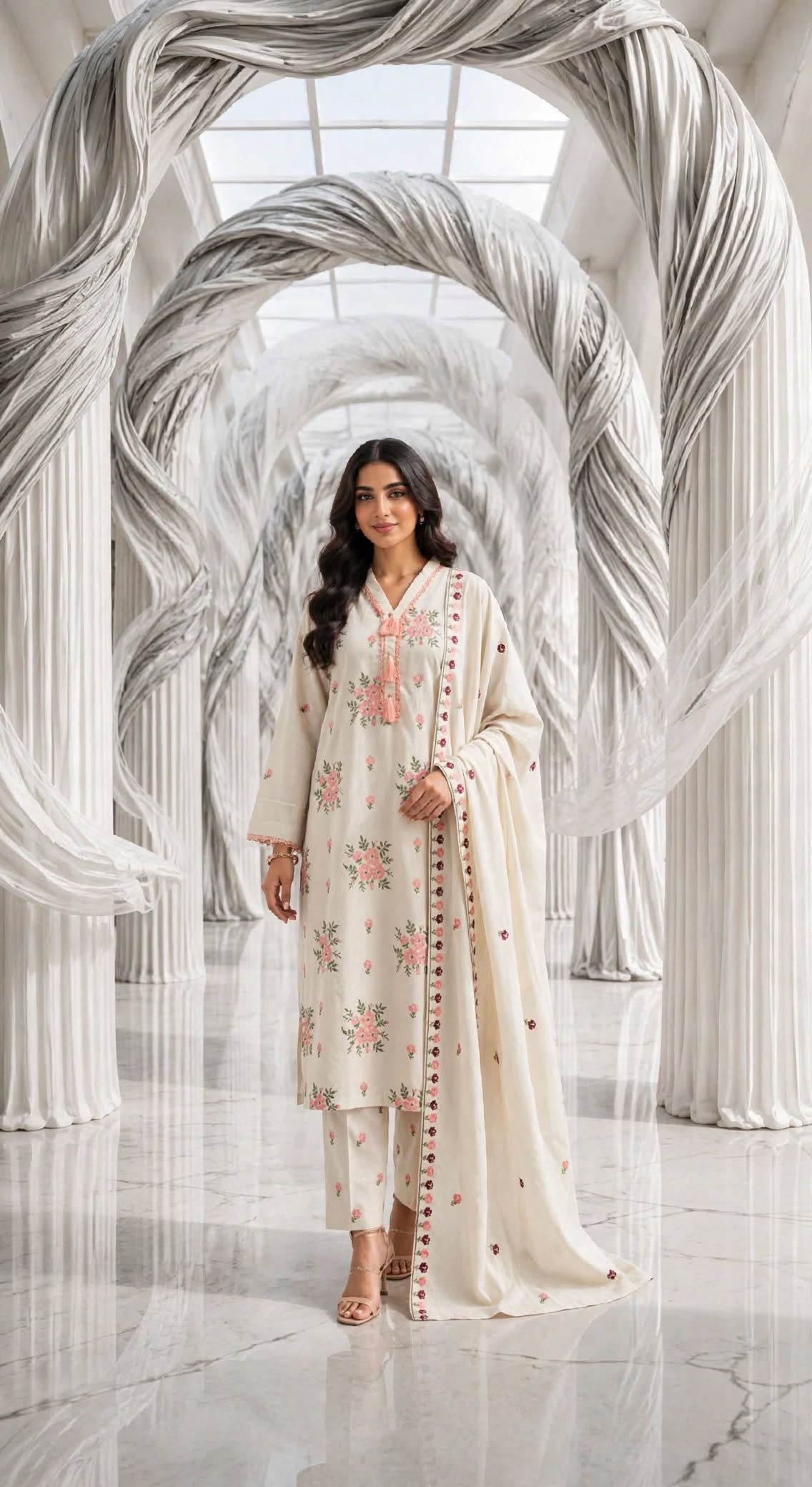 Karandi khaddar embroidered stiched long shirt trouser 3pc pchgrn