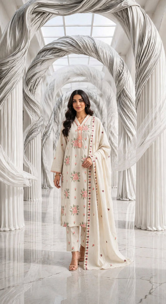 Karandi khaddar embroidered stiched long shirt trouser 3pc pchgrn