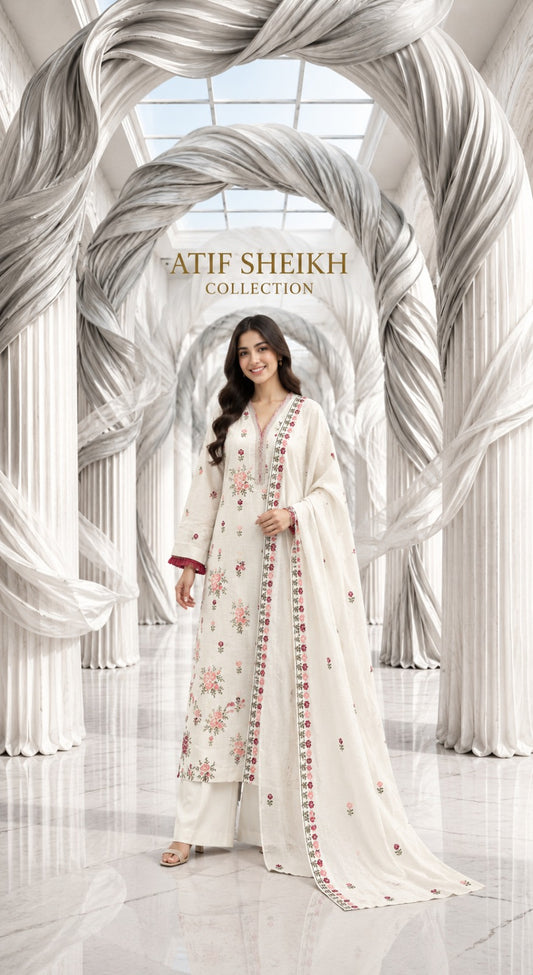 Karandi khaddar embroidered stiched long shirt trouser 3pc pchcrs
