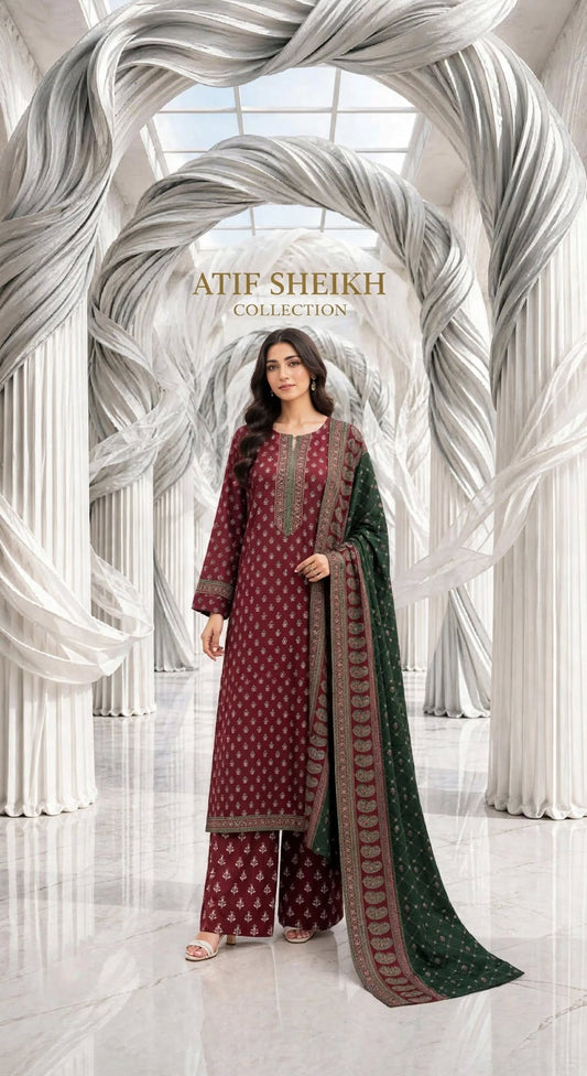 Binsaeed khaddar stiched long shirt trouser 3pc brggrn