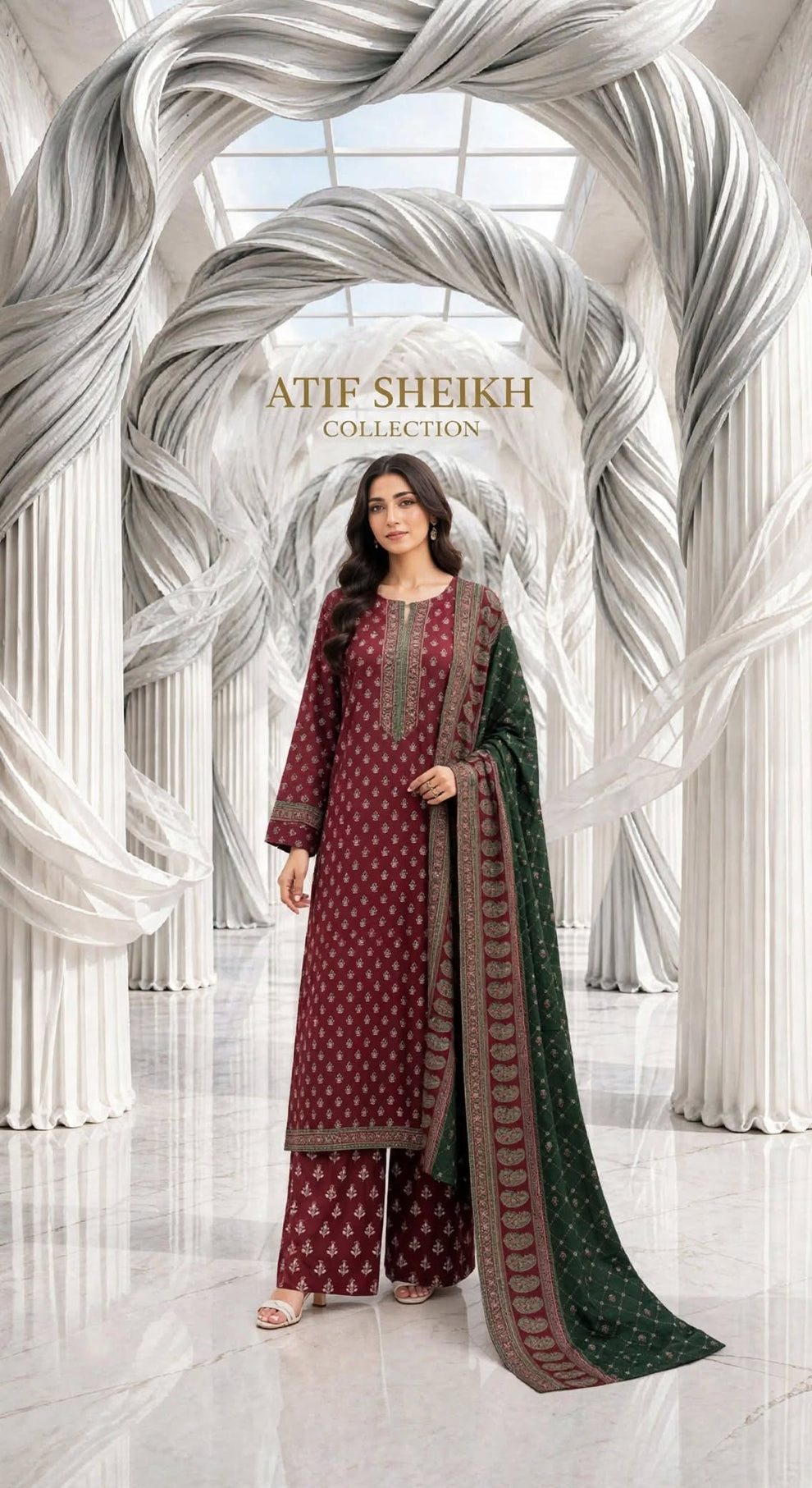 Binsaeed khaddar stiched long shirt trouser 3pc brggrn