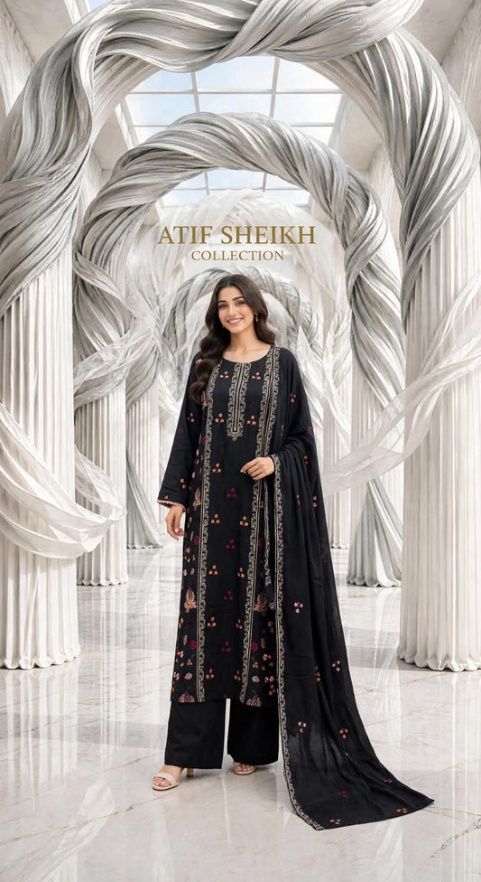 Karandi embroidered stiched shirt trouser 3pc blkg