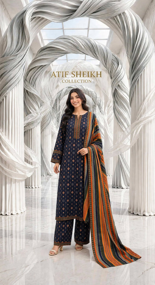 Binsaeed khaddar stiched shirt trouser 3pc nvy tkri