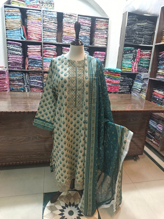Binsaeed embroidered stiched shirt trouser 3pc cgrn