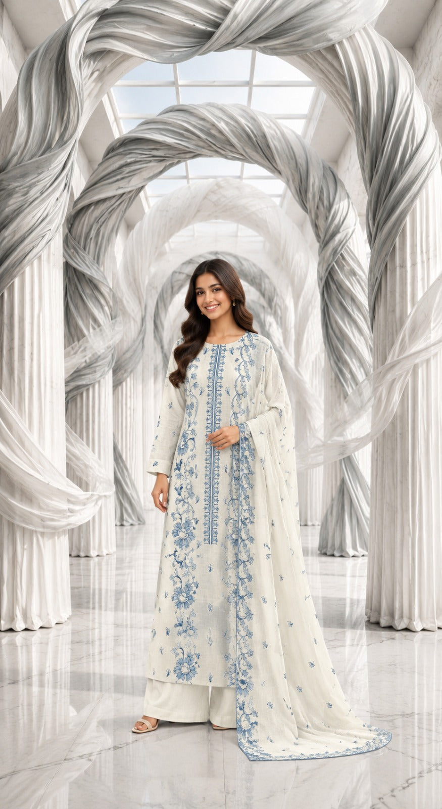 Karandi khaddar embroidered stiched long shirt trouser 3pc sky