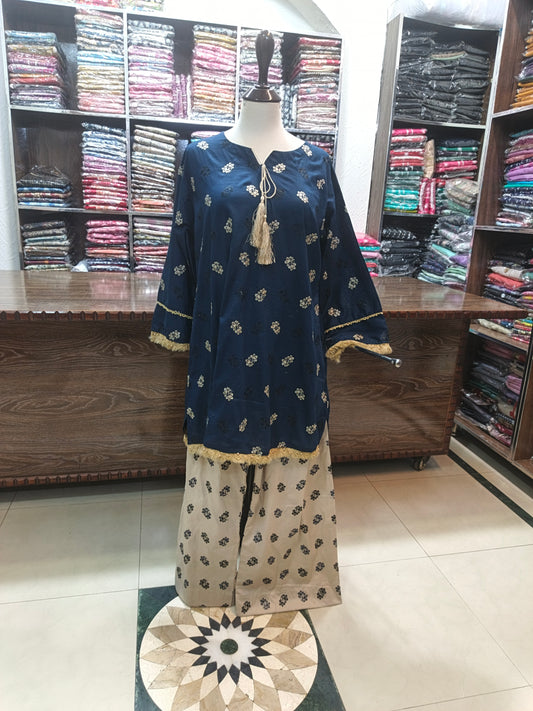Breeze embroidered stiched lawn short shirt trouser 2 pc nvy
