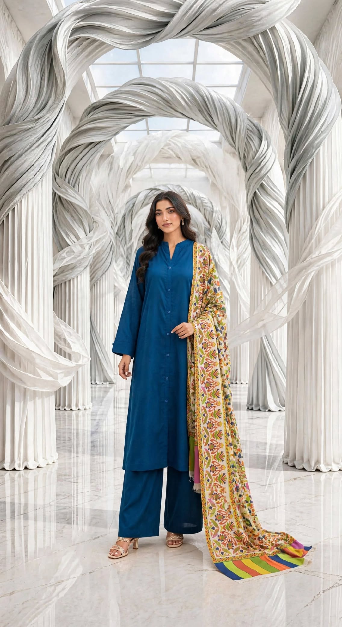 Binsaeed solid khaddar shirt trouser with pashmina shawl 3pc