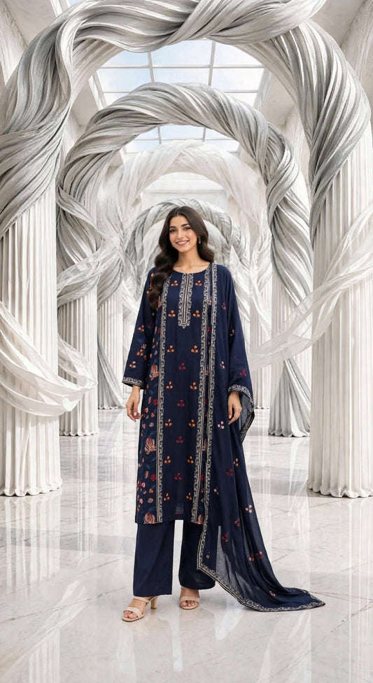 Karandi embroidered stiched shirt trouser 3 pc nvy2