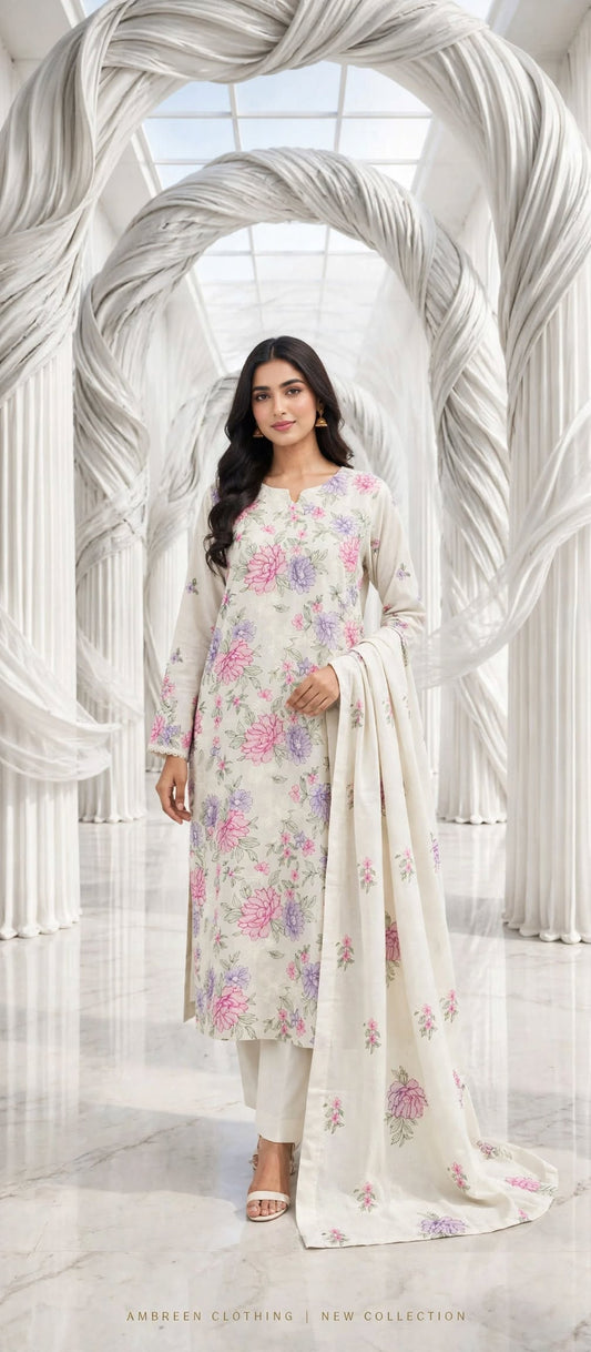 Karandi khaddar embroidered stiched long shirt trouser 3pc jal