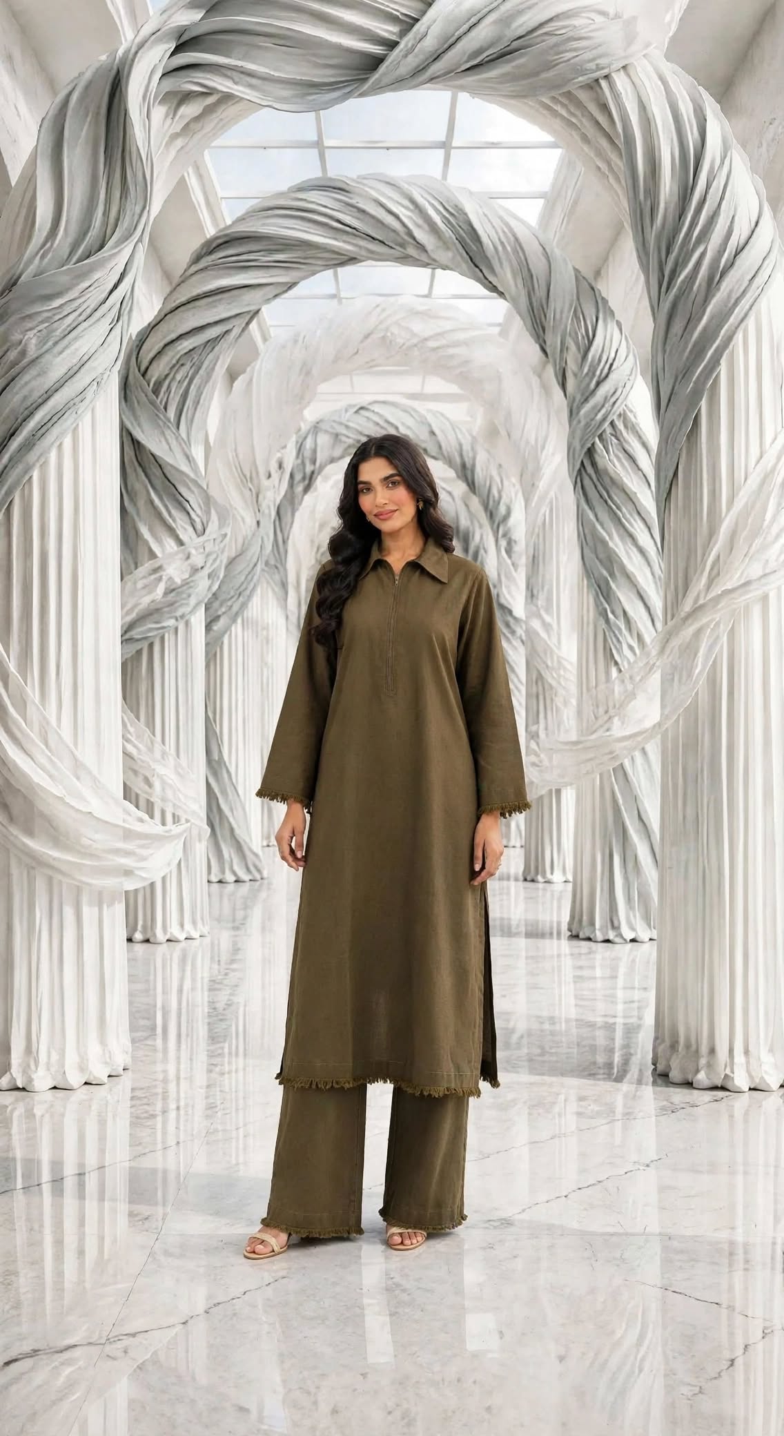 Binsaeed solid khaddar stiched long shirt trouser olivizp