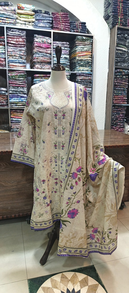 Hz premium lawn embroidered stiched shalwar kameez 3 pc wt