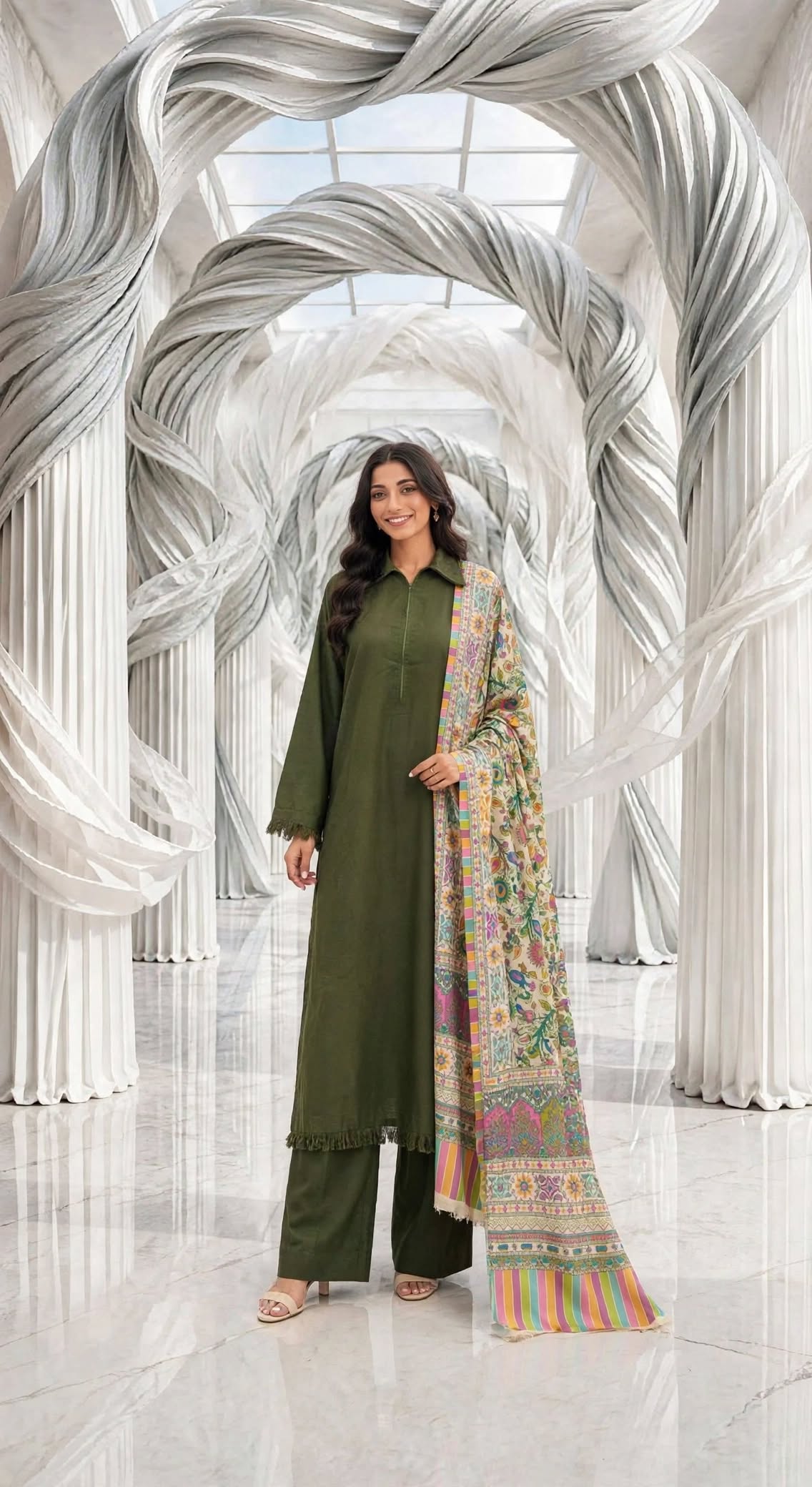 Binsaeed solid khaddar stiched long shirt trouser  with pashmina shawl 3 pc grnshl