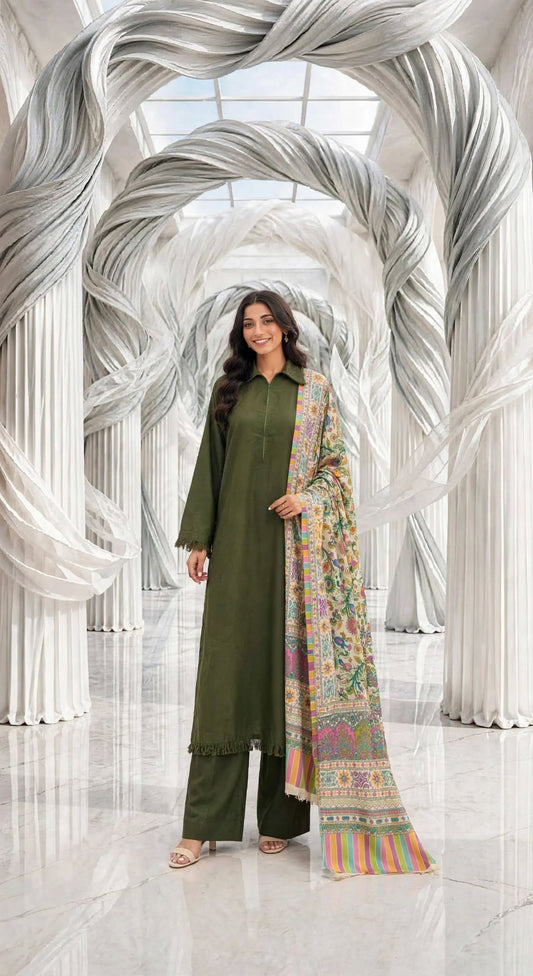 Binsaeed solid khaddar stiched long shirt trouser  with pashmina shawl 3 pc grnshl