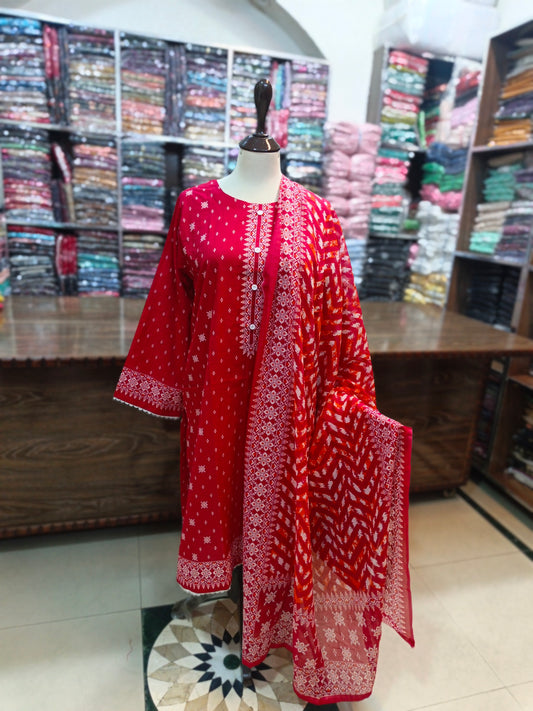 Binsaeed premium lawn stiched shalwar kameez 3pc red4