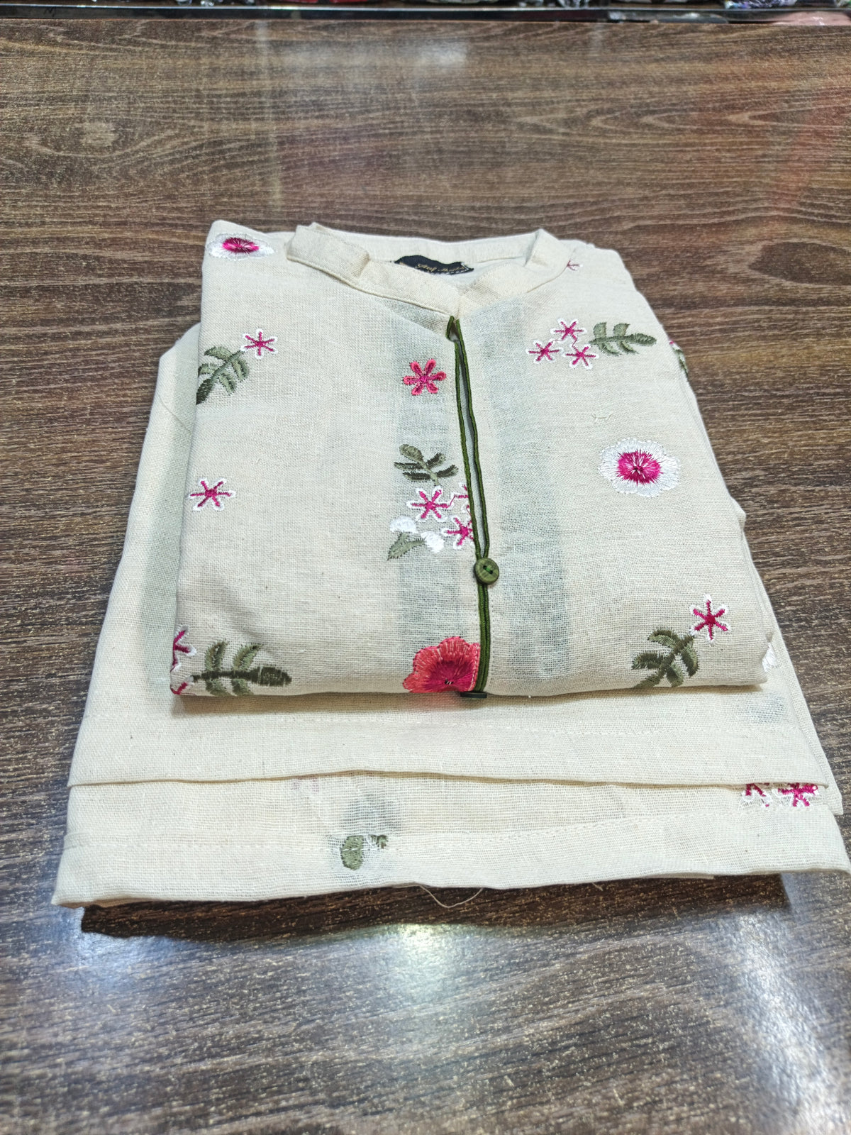 Karandi embroidered stiched long shirt trouser 3pc pnkgrn
