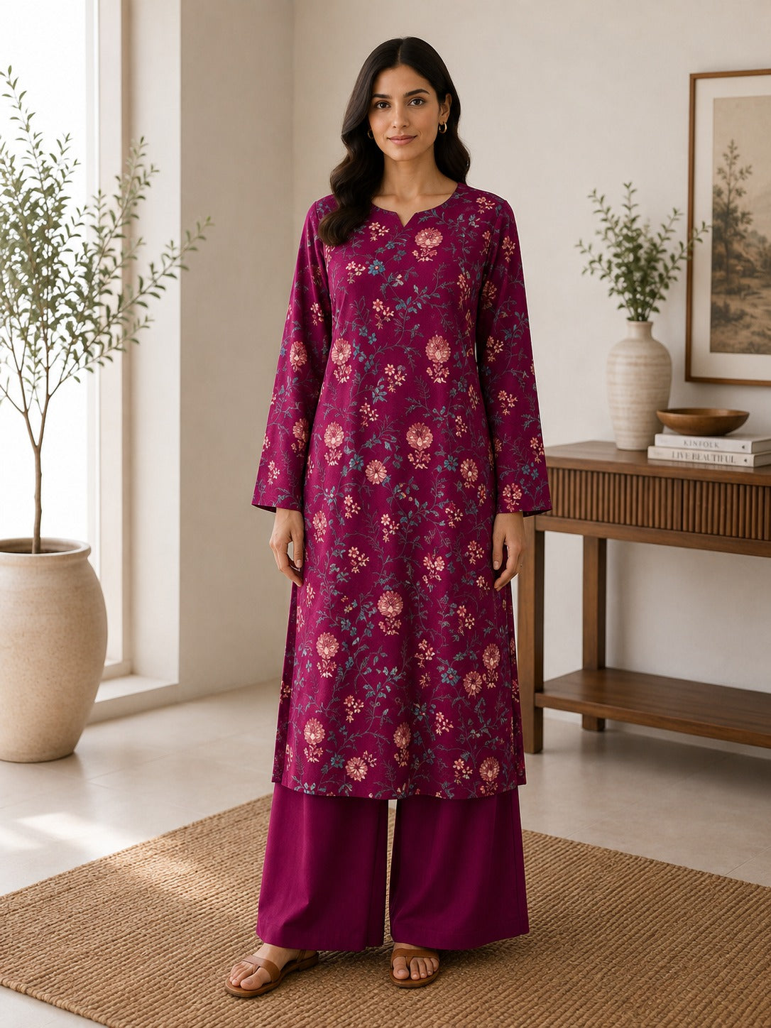 Karandi embroidered stiched long shirt trouser 2pc shkpnk