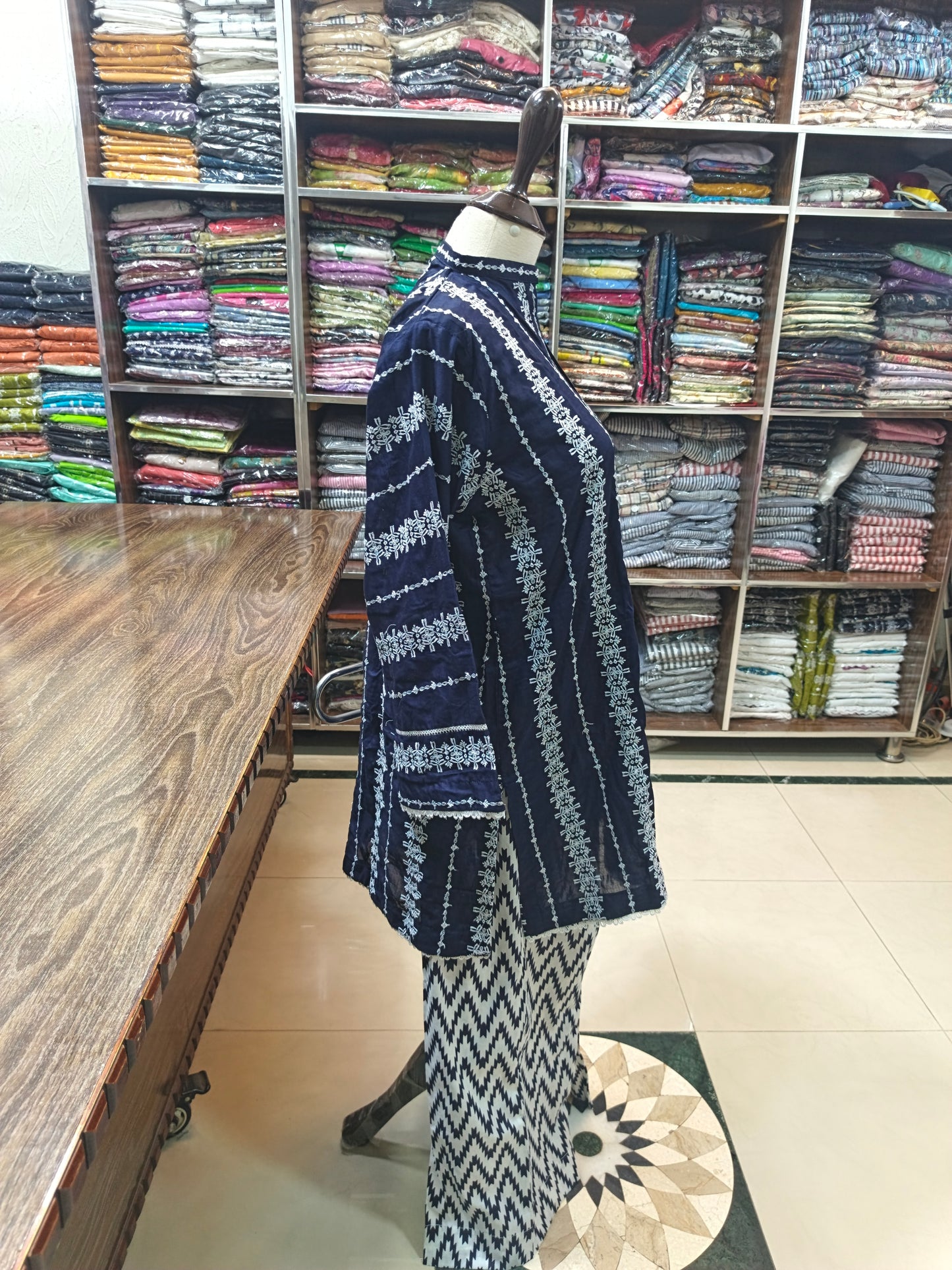 Embroidered stiched lawn short shirt trouser 2 pc nvy