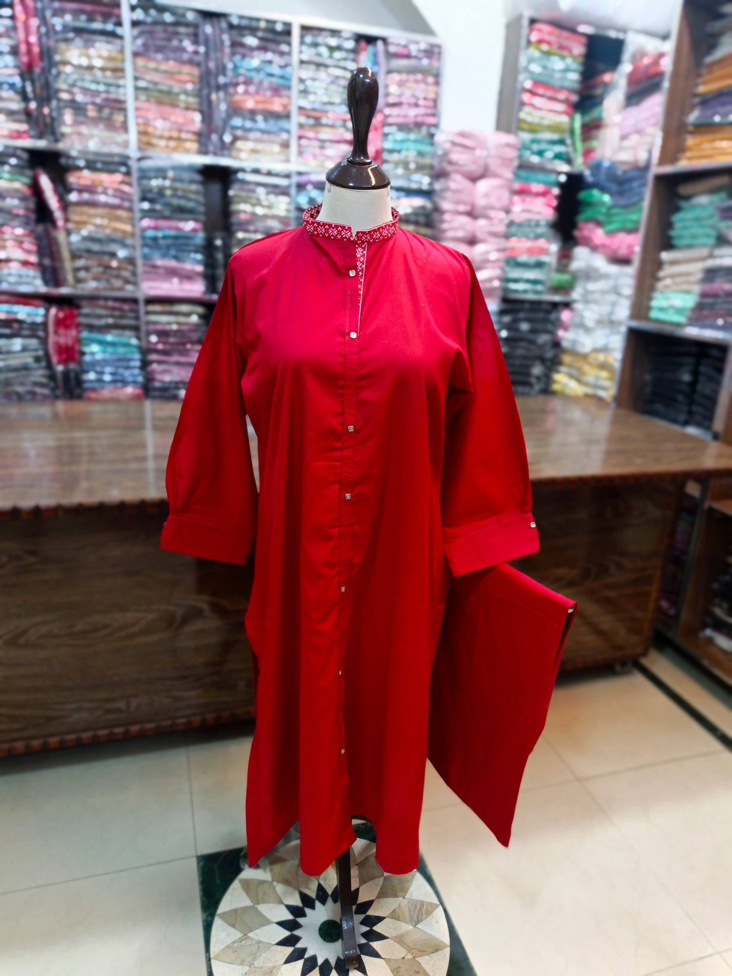 Solid pure lawn long stiched shirt trouser 2 pc red
