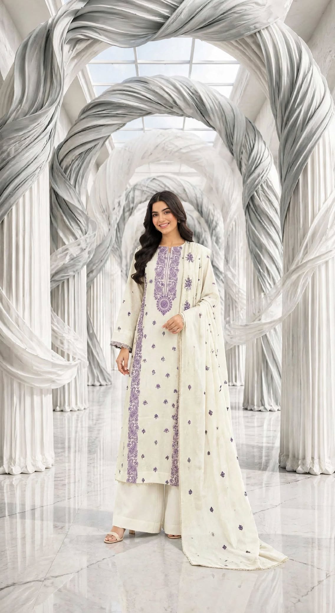 Karandi khaddar embroidered stiched long shirt trouser 3pc llcK