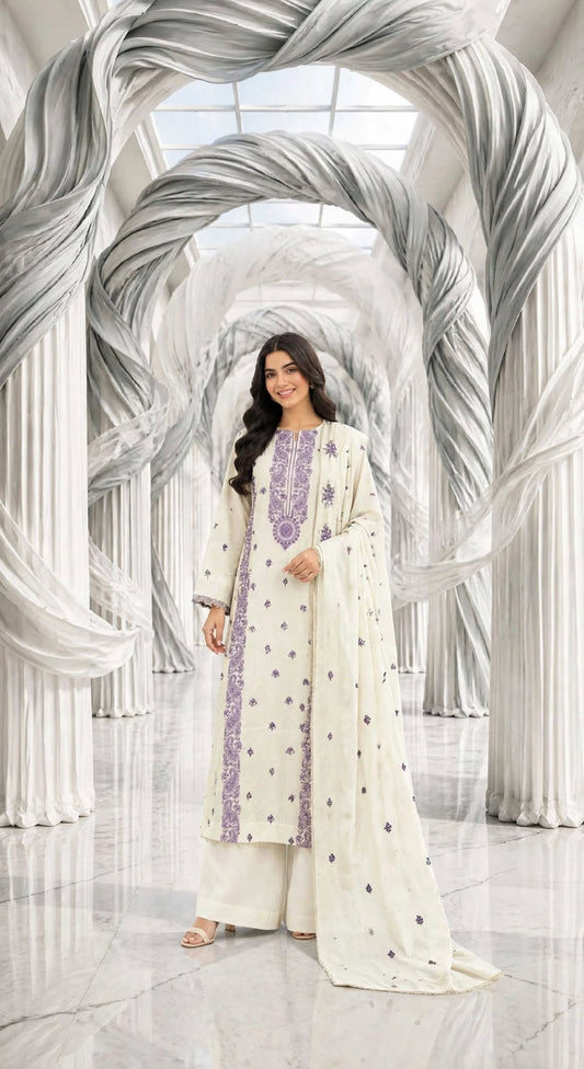 Karandi khaddar embroidered stiched long shirt trouser 3pc llcK
