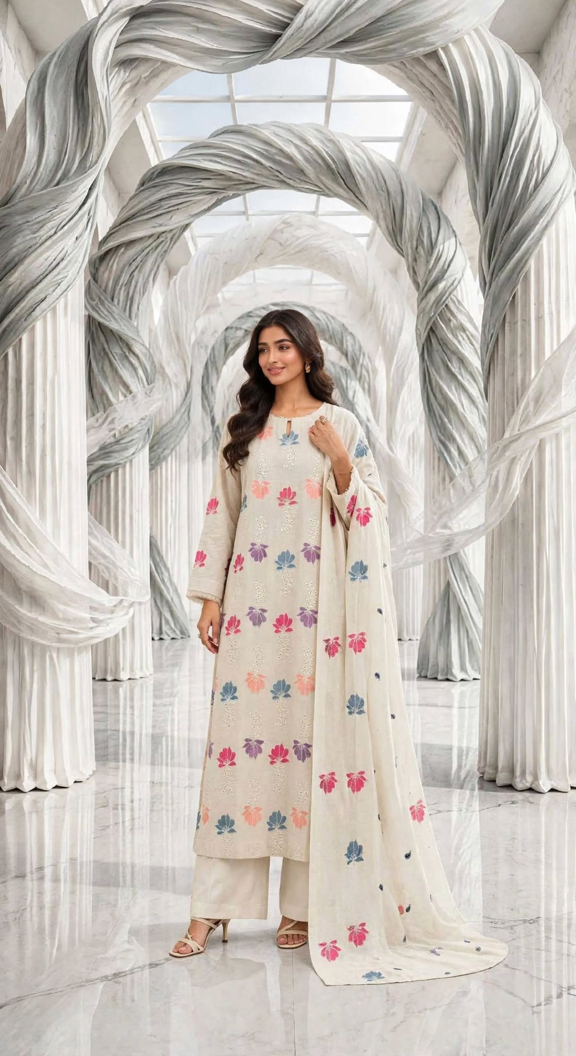 Karandi khaddar embroidered stiched long shirt trouser 3pc mtv