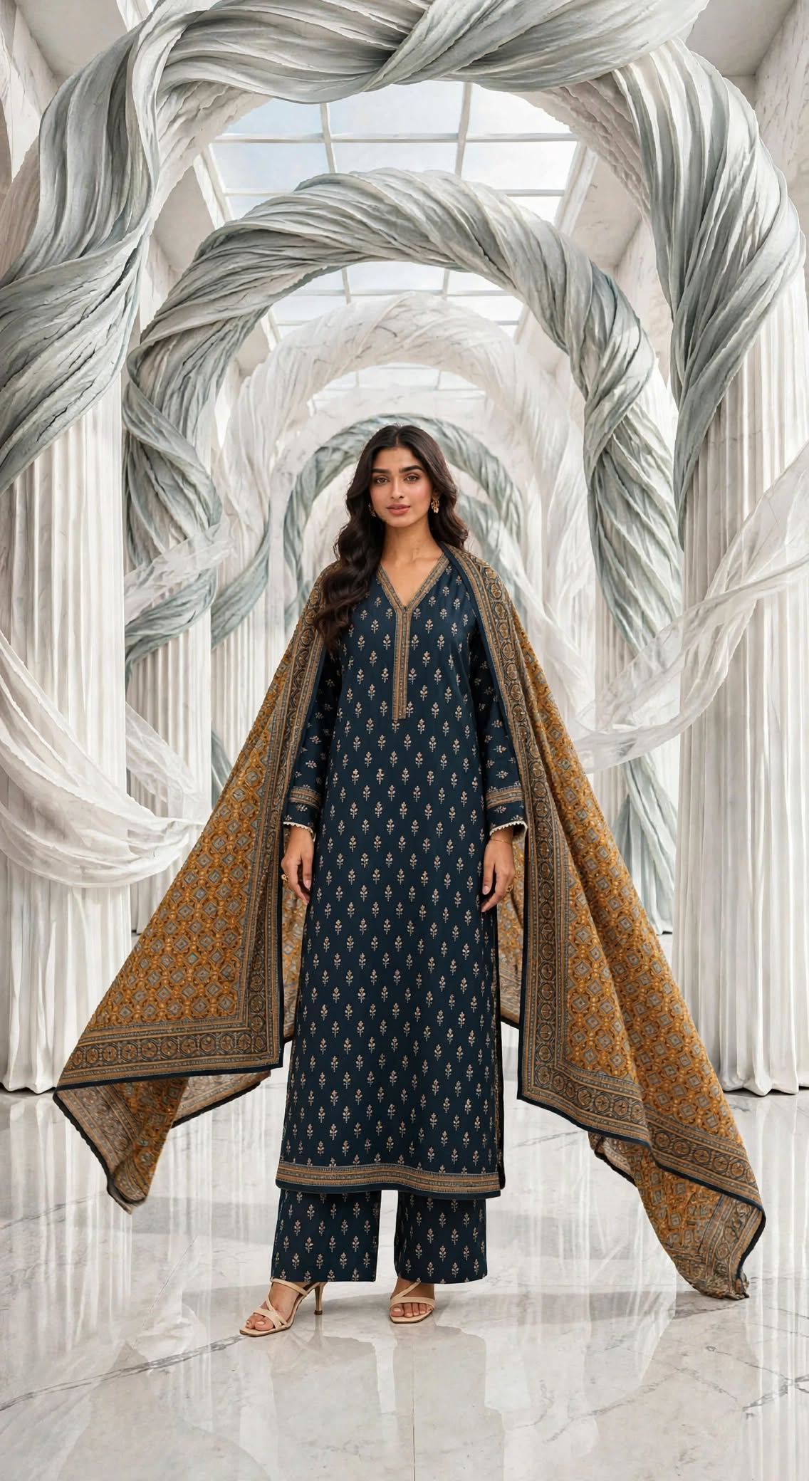 Binsaeed khaddar stiched long shirt trouser 3 pc tealmst