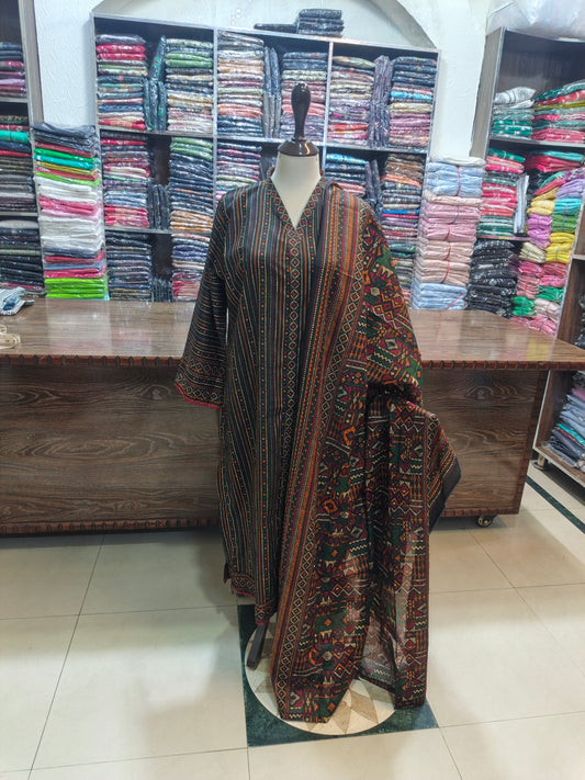 Binsaeed premium lawn stiched shirt trouser 3 pc blklins
