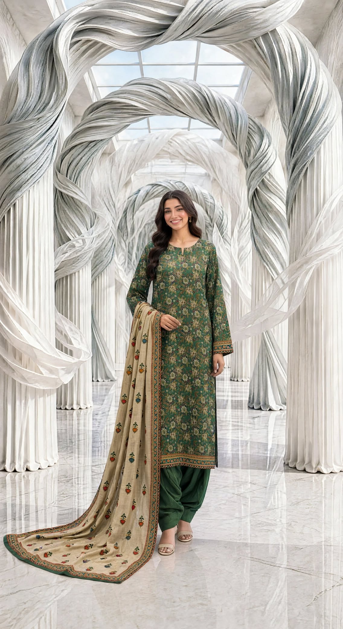 Binsaeed zari khaddar stiched shalwar kameez 3pc grnskn