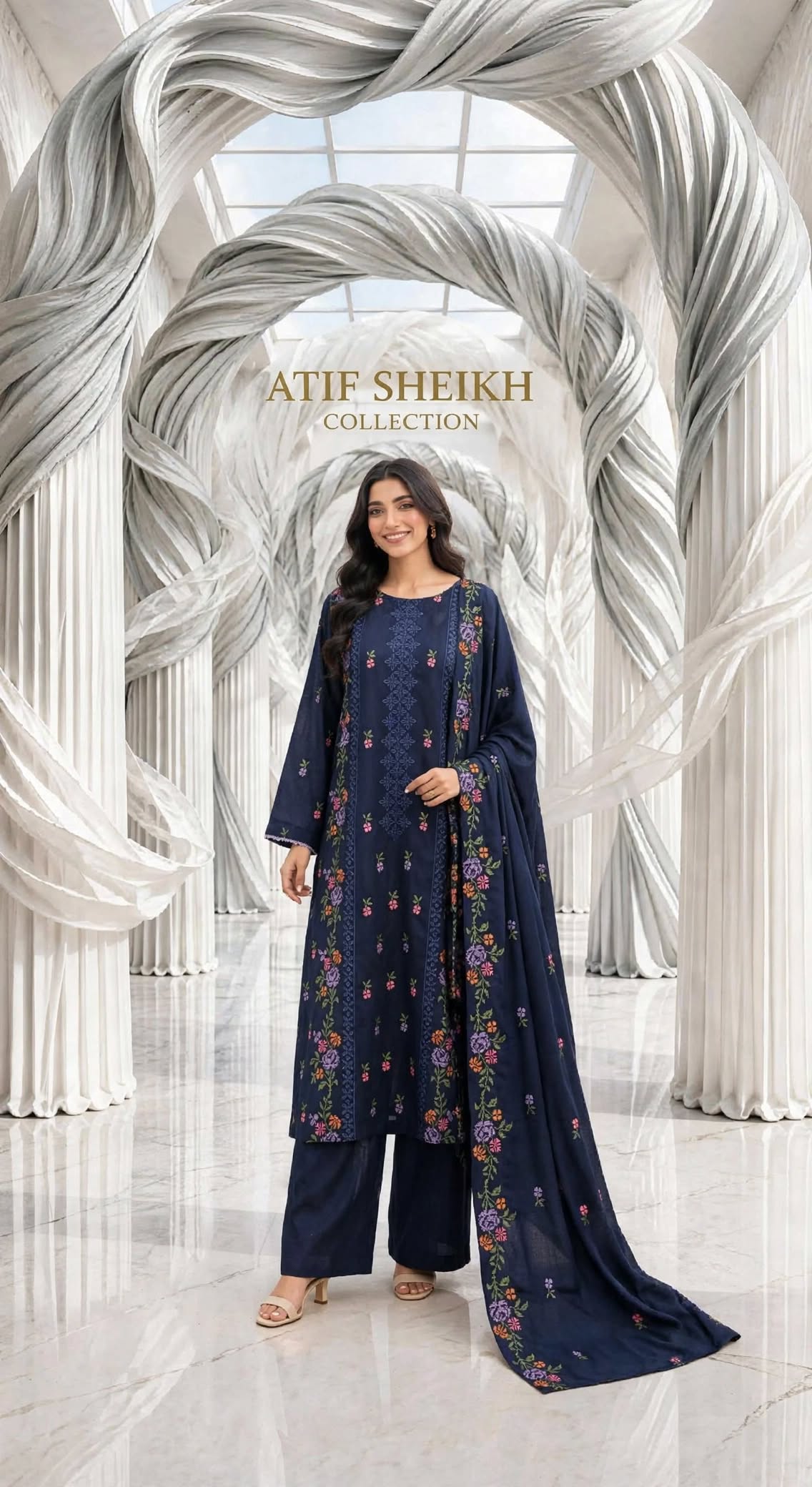 Karandi embroidered stiched shirt trouser 3pc nvy3