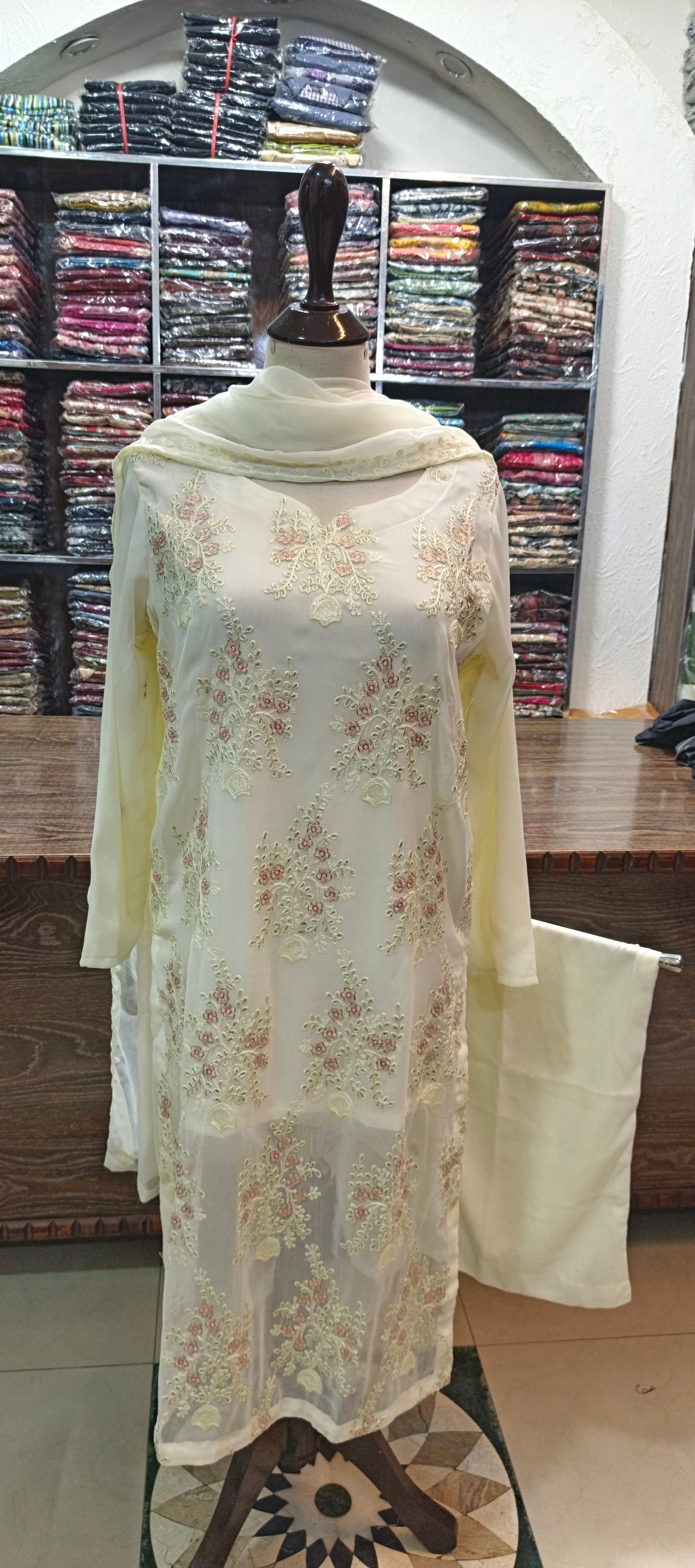 Chiffon embroidered stiched long 3 pc