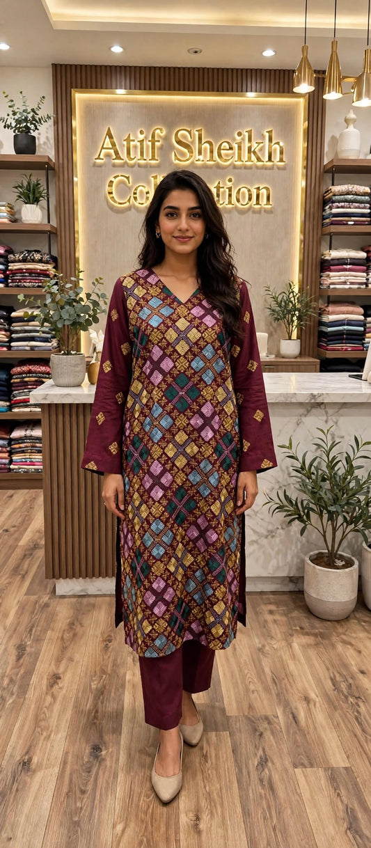 Karandi embroidered stiched long shirt trouser mrnsqr